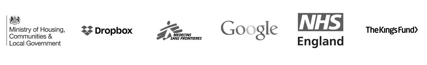 Logos of various organisations including UK Ministry of Housing, Dropbox, Médecins Sans Frontières, Google, NHS England, and The King's Fund.