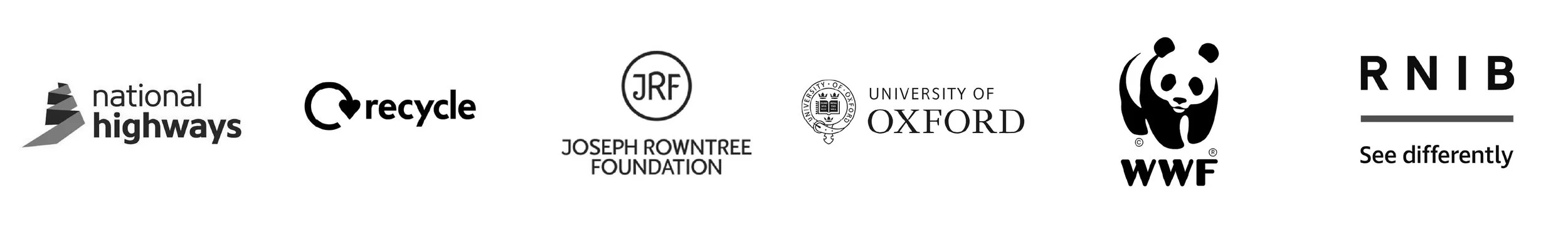 Logos of organisations including National Highways, Recycle, Joseph Rowntree Foundation, University of Oxford, WWF, RNIB, and others.